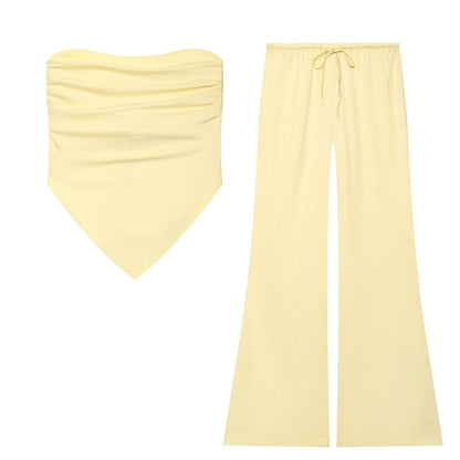 suit Women's 2 pieces satin textured strapless top+Pants