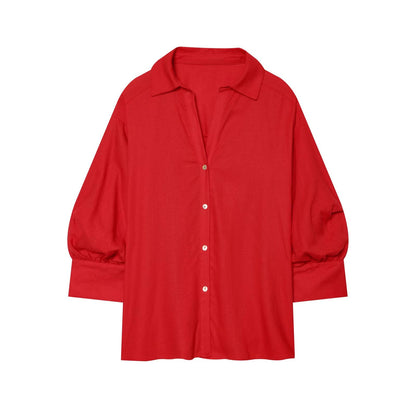 Women's bubble sleeve linen striped shirt
