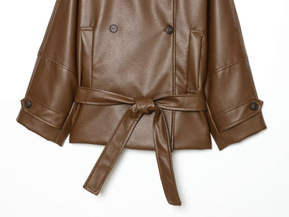 Women's waist belt imitation leather windbreaker jacket