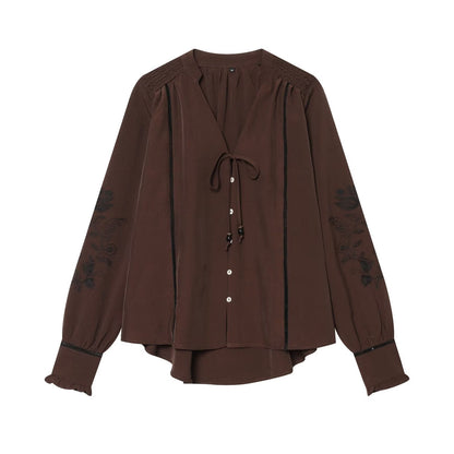 suit Women's 2 pieces lace up decorative embroidered shirt+pants