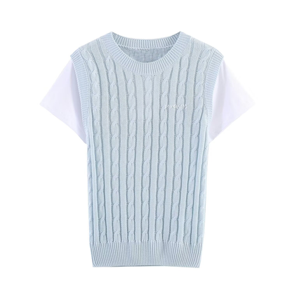 Women's contrasting fake two-piece knitted sweater