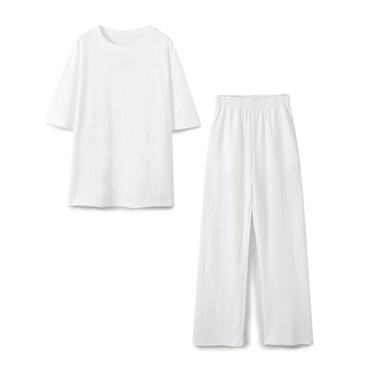 suit Women's 2 pieces washed double-sided fabric T-shirt+pants