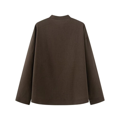 Women's rope knot buckle loose linen blended shirt