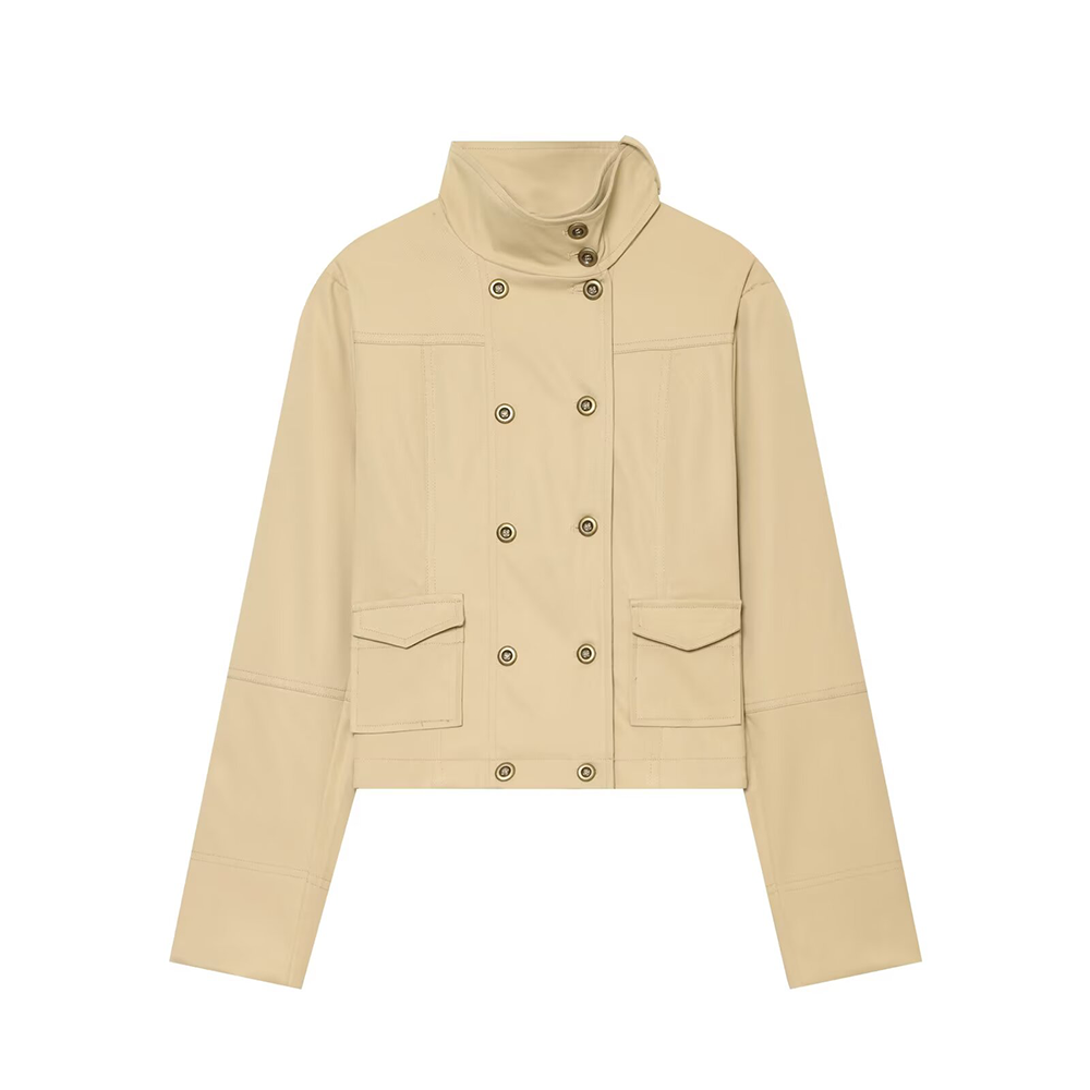 Women's pocket decoration double breasted stand collar Coat