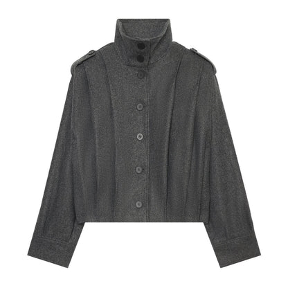 Women's pleated design standing collar woolen coat