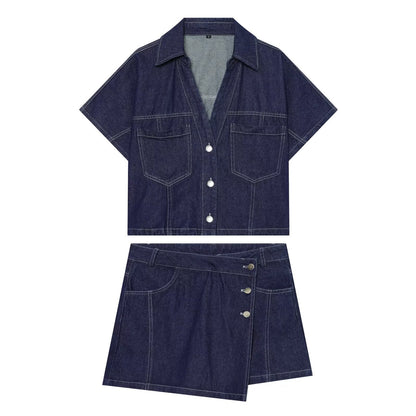 suit Women's 2 pieces casual short denim shirt+culottes