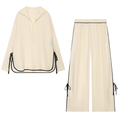 suit Women's 2 pieces lace up decorative linen blend shirt+wide leg pants