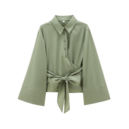 Women's bow decoration casual poplin shirt