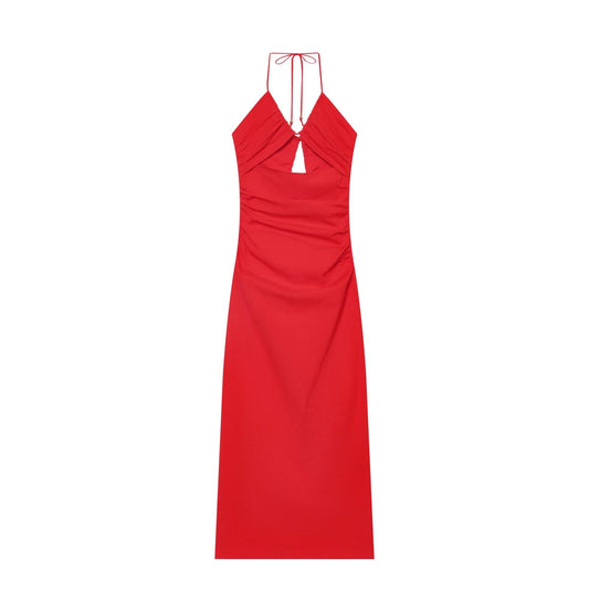 Women's straight pleated halter neck dress