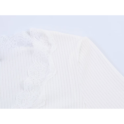 Women's slim V-neck lace ribbed T-shirt