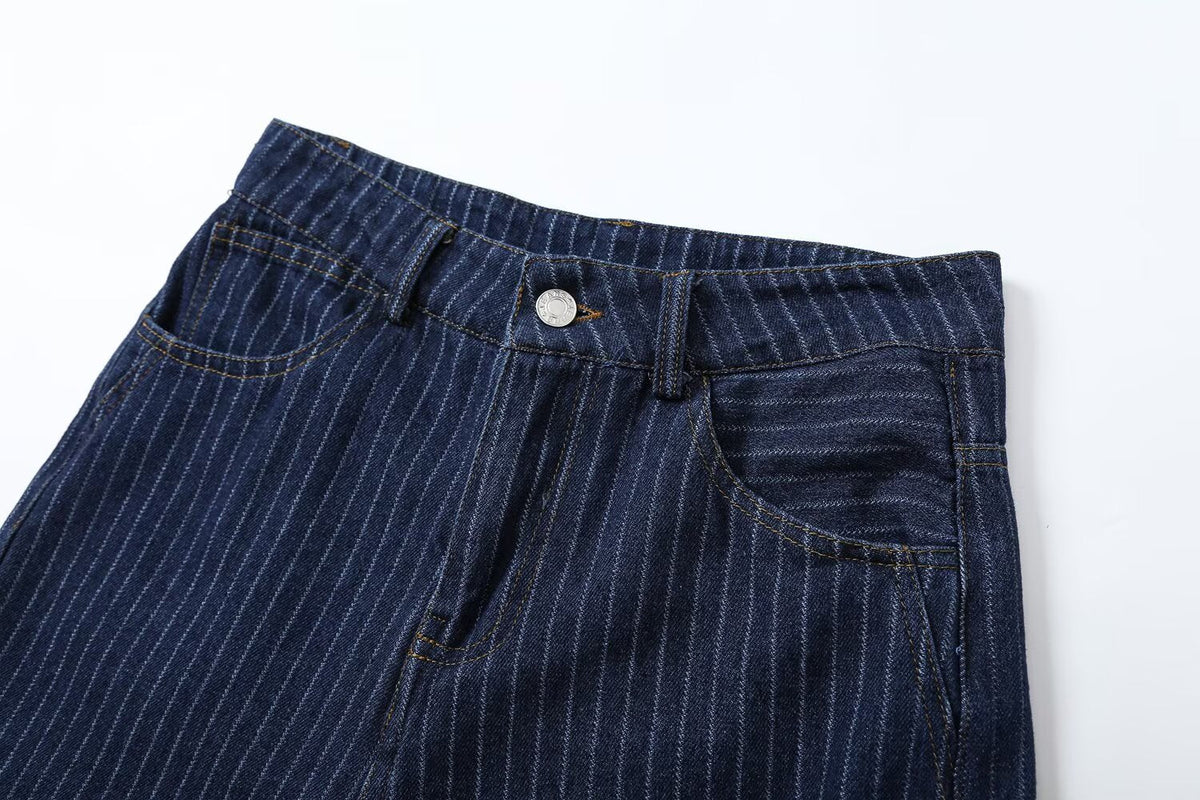 suit Women's 2 pieces short denim striped Coat+straight low rise jeans