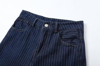suit Women's 2 pieces short denim striped Coat+straight low rise jeans