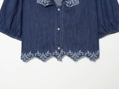 Women's embroidered short denim shirt