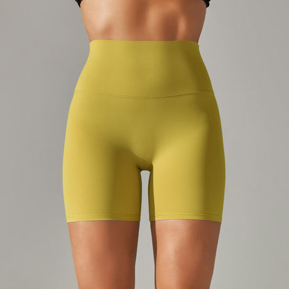 Women's new solid color yoga shorts double sanding tight high waist elastic exercise fitness three-point yoga pants.