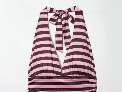 Women's striped pleated V-neck halter neck dress