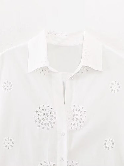 suit Women's 2 pieces loose hollow embroidered shirt+Shorts