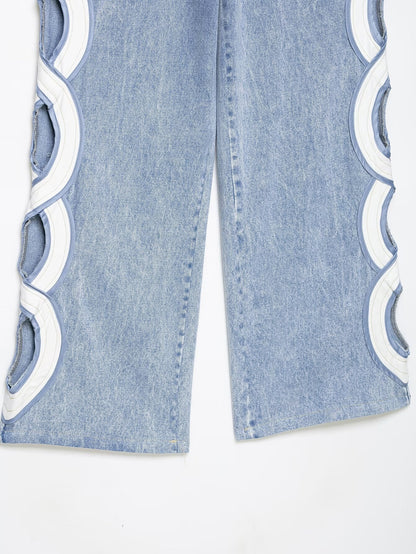 Women's hollow design high waisted straight jeans