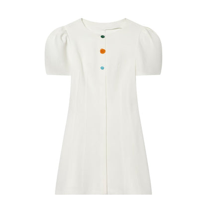 Women's button decoration bubble sleeve mini dress